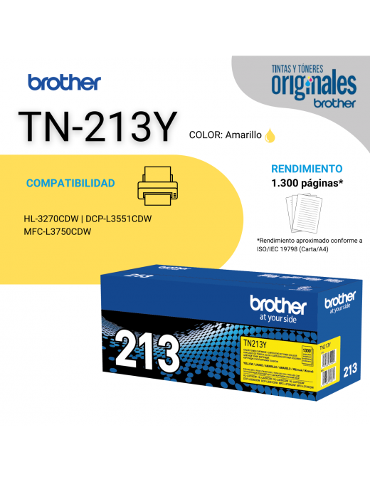 Tóner Original Brother TN-213 Amarillo, Rendimiento 1.300 páginas